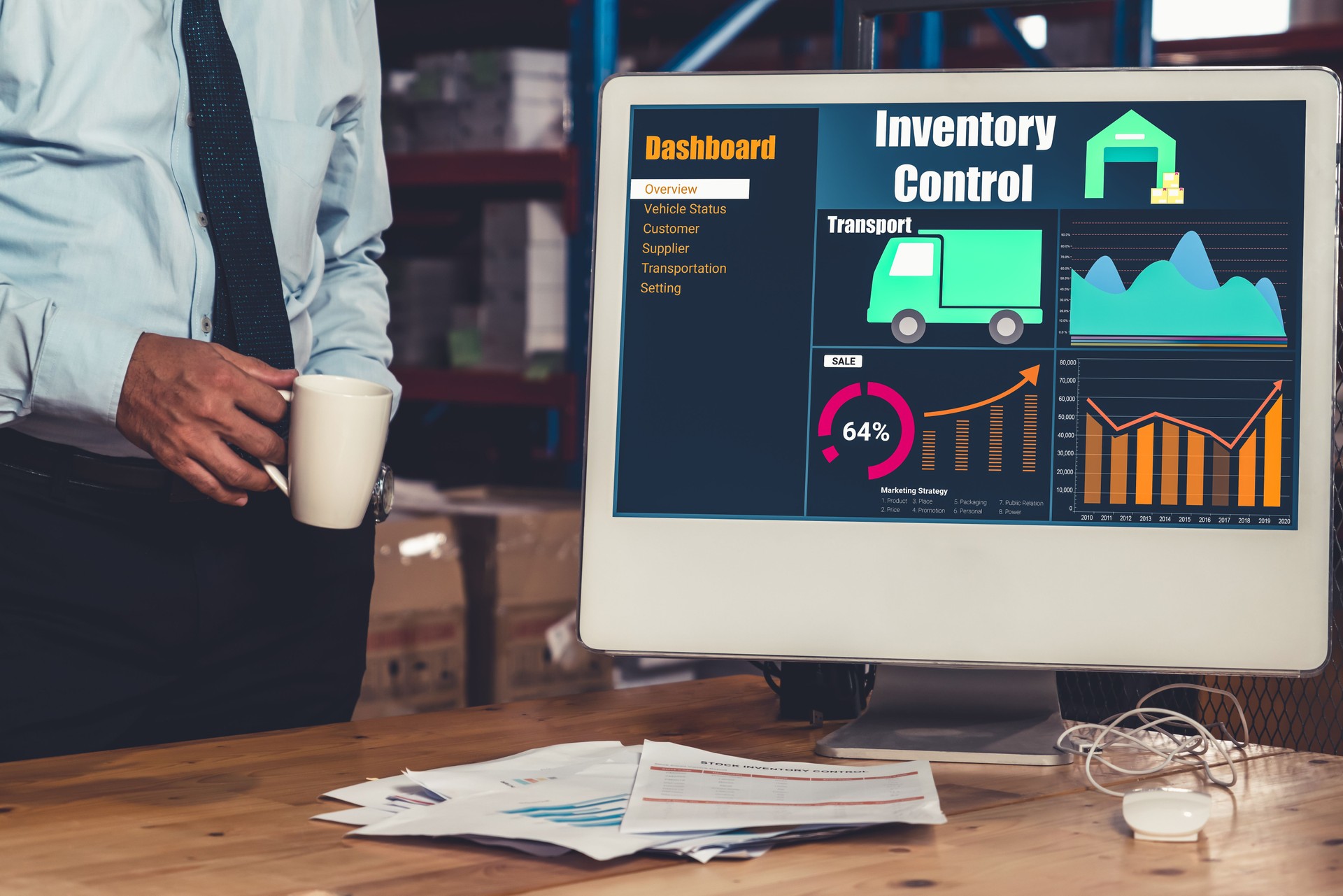 Warehouse management software application in computer for real time monitoring