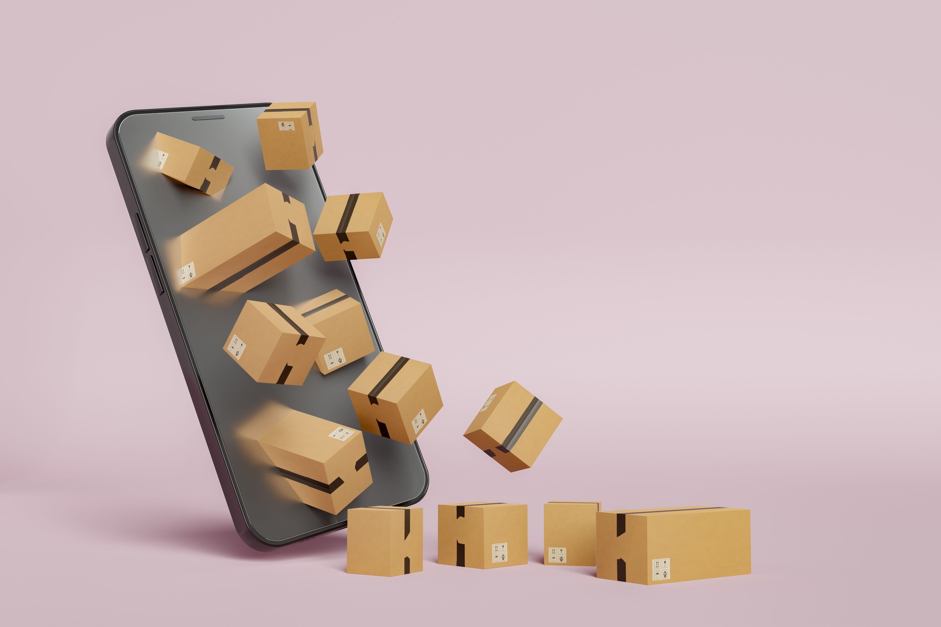 mobile phone with shipping boxes coming out of its screen